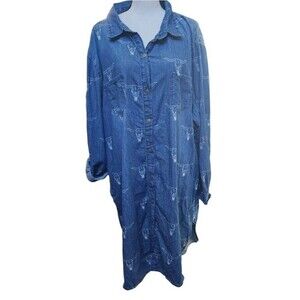 Lucky & Blessed Cow Skull Denim Button Front Shirt Dress Size 3X Tab Sleeves